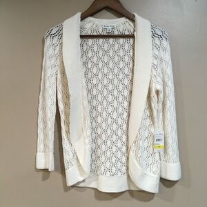 Crochet Lace Cardigan Womens Petite M Cream Coastal Grandma Cottage Boho Neutral